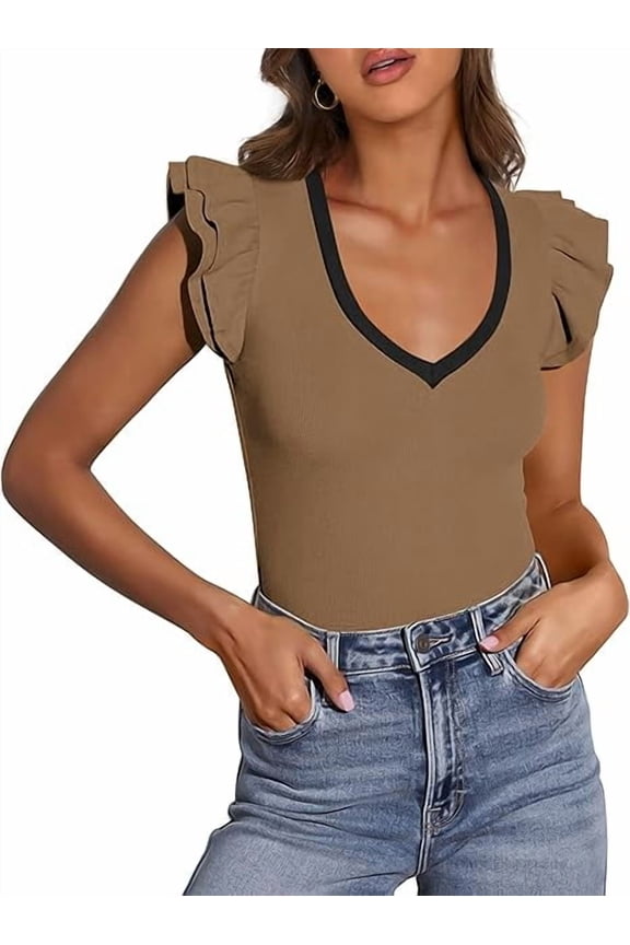 Womens V Neck Summer Tops Ruffle Sleeveless Slim Fit T Shirts Going Out Casual Blouses