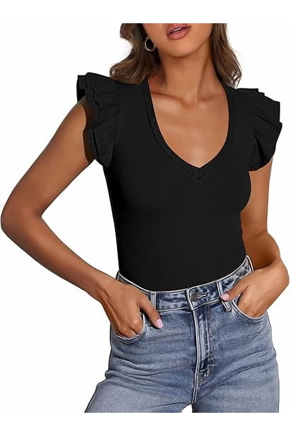 Womens V Neck Summer Tops Ruffle Sleeveless Slim Fit T Shirts Going Out Casual Blouses