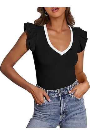Womens V Neck Summer Tops Ruffle Sleeveless Slim Fit T Shirts Going Out Casual Blouses
