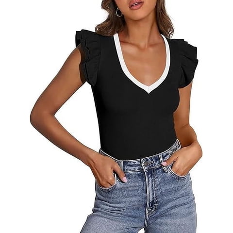 Womens V Neck Summer Tops Ruffle Sleeveless Slim Fit T Shirts Going Out Casual Blouses