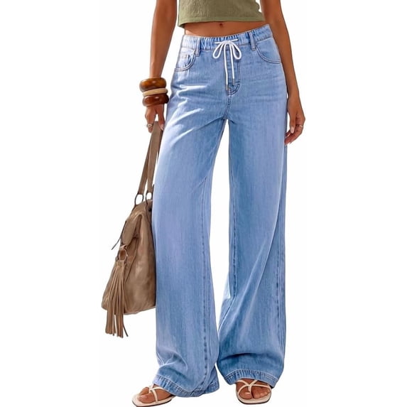 PRETTYGARDEN Womens Wide Leg Jeans High Waisted Stretchy Baggy Straight Leg Drawstring Trendy Denim Pants Summer