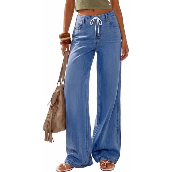 PRETTYGARDEN Womens Wide Leg Jeans High Waisted Stretchy Baggy Straight Leg Drawstring Trendy Denim Pants Summer