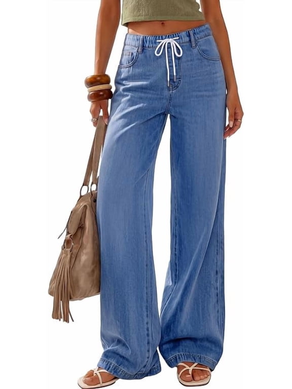 Womens Wide Leg Jeans High Waisted Stretchy Baggy Straight Leg Drawstring Trendy Denim Pants Summer