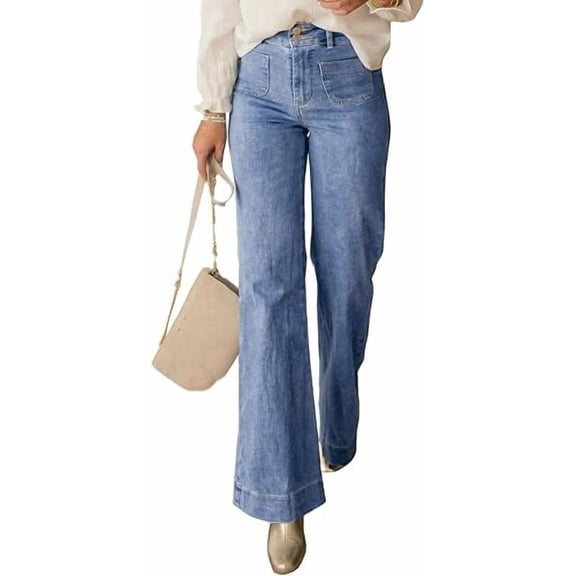PRETTYGARDEN Womens Wide Leg Jeans High Waisted Stretchy | High Rise Flare Jeans with Front Patch Pockets, Loose Fit Daily Wear Denim, Trendy Office Work Pants, Business Casual Outfits