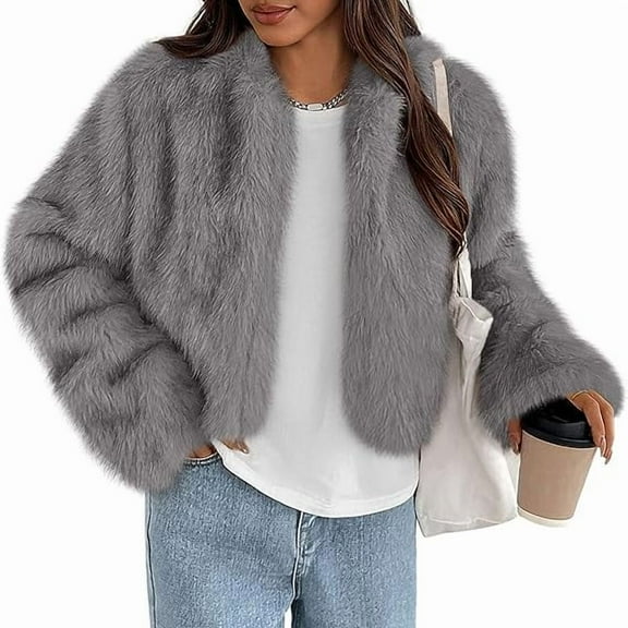 PRETTYGARDEN Womens Winter Coats Fluffy Cropped Faux Fur Jacket Long Sleeve Open Front Shaggy Outerwear Trendy Clothes