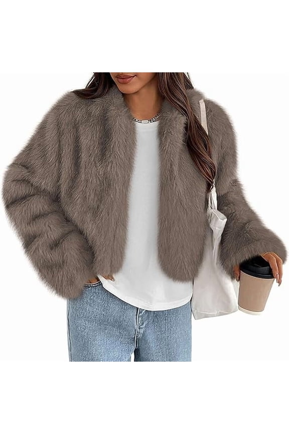 Womens Winter Coats Fluffy Cropped Faux Fur Jacket Long Sleeve Open Front Shaggy Outerwear Trendy Clothes