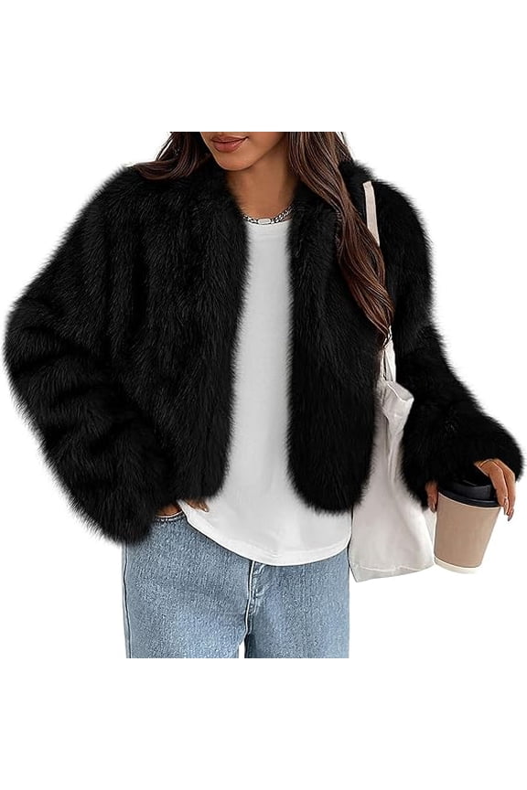 Womens Winter Coats Fluffy Cropped Faux Fur Jacket Long Sleeve Open Front Shaggy Outerwear Trendy Clothes