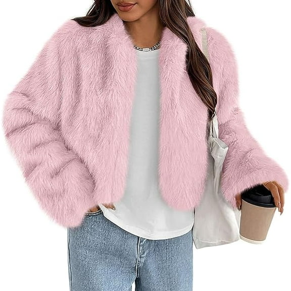 PRETTYGARDEN Womens Winter Coats Fluffy Cropped Faux Fur Jacket Long Sleeve Open Front Shaggy Outerwear Trendy Clothes