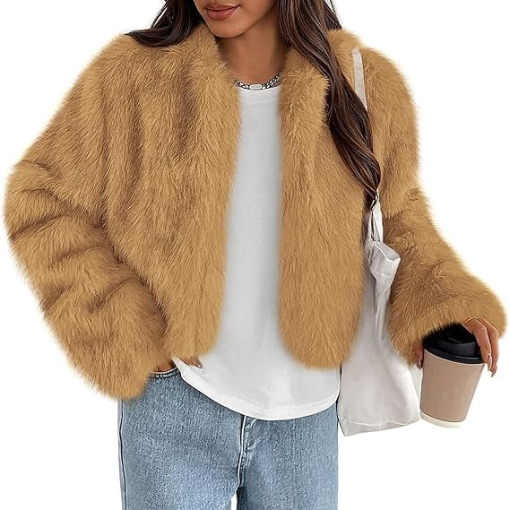 PRETTYGARDEN Womens Winter Coats Fluffy Cropped Faux Fur Jacket Long Sleeve Open Front Shaggy Outerwear Trendy Clothes