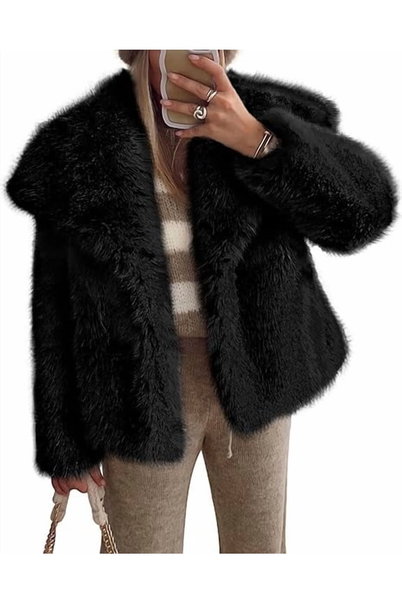 Womens Winter Coats Trendy Long Sleeve Furry Faux Fur Jackets Button Lapel Warm Fall Outwear with Pockets