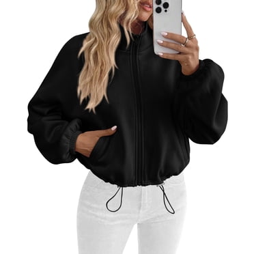 PRETTYGARDEN Womens Zip Up Fleece Cropped Sweatshirt Jacket Oversized Loose Soft Stand Collar with Drawstring Hem, Long Sleeve Casual Coat With Pockets, Fall Outfits Winter Clothing