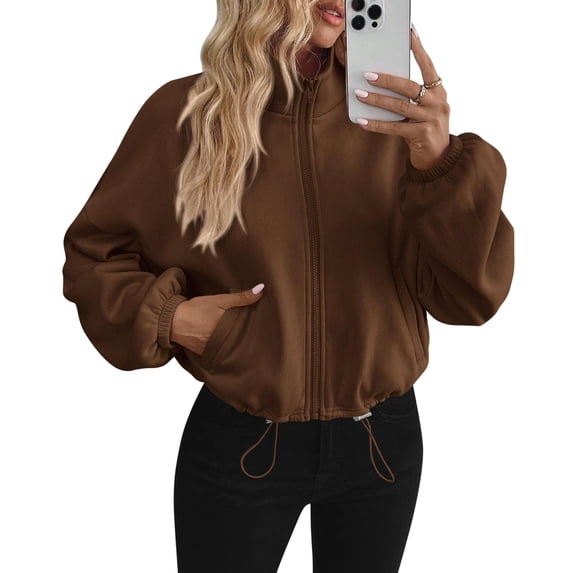 PRETTYGARDEN Womens Zip Up Fleece Cropped Sweatshirt Jacket Oversized Loose Soft Stand Collar with Drawstring Hem, Long Sleeve Casual Coat With Pockets, Fall Outfits Winter Clothing
