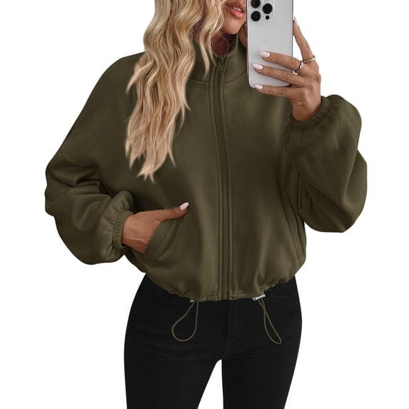 PRETTYGARDEN Womens Zip Up Fleece Cropped Sweatshirt Jacket Oversized Loose Soft Stand Collar with Drawstring Hem, Long Sleeve Casual Coat With Pockets, Fall Outfits Winter Clothing