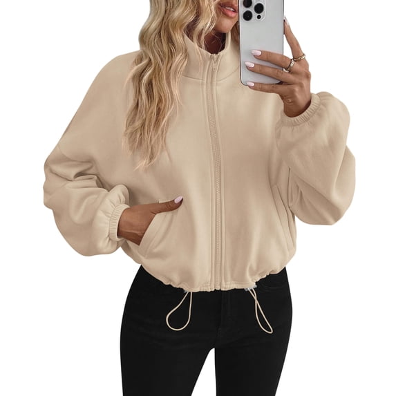 PRETTYGARDEN Womens Zip Up Fleece Cropped Sweatshirt Jacket Oversized Loose Soft Stand Collar with Drawstring Hem, Long Sleeve Casual Coat With Pockets, Fall Outfits Winter Clothing