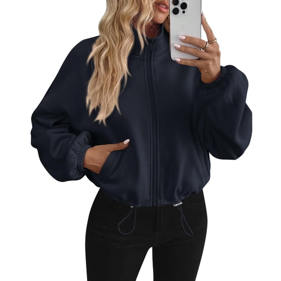 PRETTYGARDEN Womens Zip Up Fleece Cropped Sweatshirt Jacket Oversized Loose Soft Stand Collar with Drawstring Hem, Long Sleeve Casual Coat With Pockets, Fall Outfits Winter Clothing