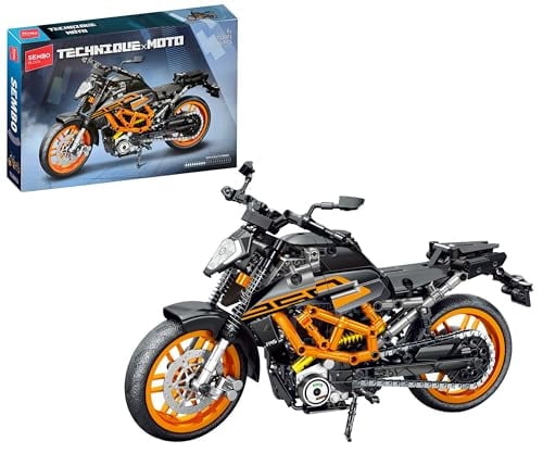 PRETTYMINA Sembo Technic Motorcycle Building Kit, 731 Pieces, Black and Orange Racing Bike Model with Chain Drive, Display Stand, 12.6x5.5x9.3 Inches 6+ Ages