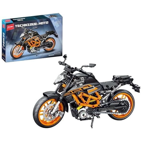 PRETTYMINA Sembo Technic Motorcycle Building Kit, 731 Pieces, Black and Orange Racing Bike Model with Chain Drive, Display Stand, 12.6x5.5x9.3 Inches 6+ Ages
