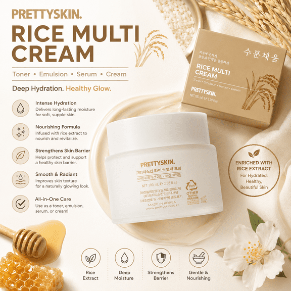 PRETTYSKIN Rice Multi Cream Face Moisturizer 100 mL (3.38 fl oz) Hydrating Korean Facial Cream with Rice Extract for Dry & Dull Skin