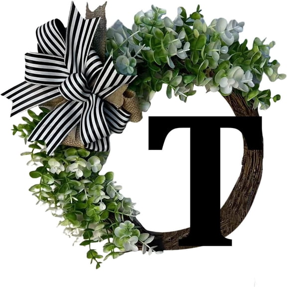 PRETXORVE 26 Letters Decorative Wreath Door Hanging Home Decor Letters with Bow Knot Pendant Rattan Ring Wall Decoration Window Decoration Pendant