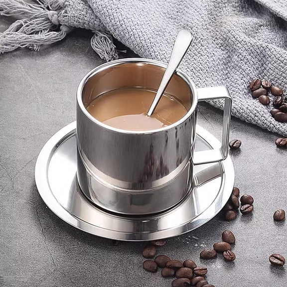 PRETXORVE 304 European Style Stainless Steel Coffee Cup Set Office Double Layer Insulated Water Cup Reception Business Gift Tea Cup