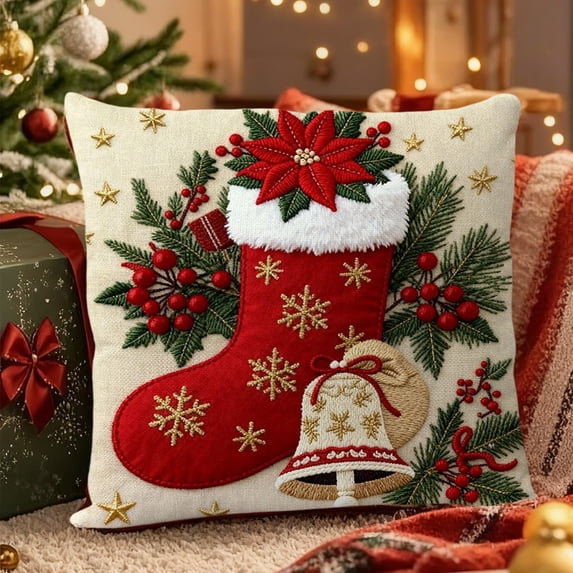 PRETXORVE 45X45Cm Red Christmas Pillowcase Holiday Snowman Decor Sofa Decor Linen Decorative Embroidered Cushion Cover