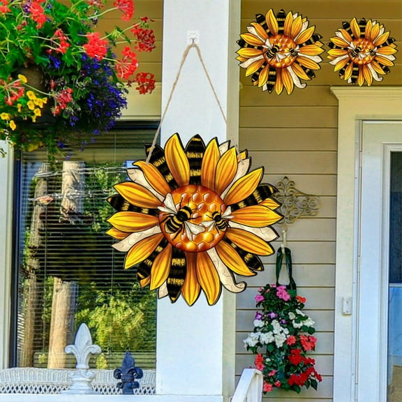PRETXORVE Bees Festival Door Decorations Sunflower Bee Decorations Wooden Plaques Hangings for Front Doors and Walls