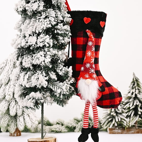 PRETXORVE Christmas Decor, Christmas Tree Decorations, Christmas Supplies Heart-Shaped Fleece Hanging Socks Plaid Christmas Stockings Decoration Stockings Elderly Gift Stockings Decoration