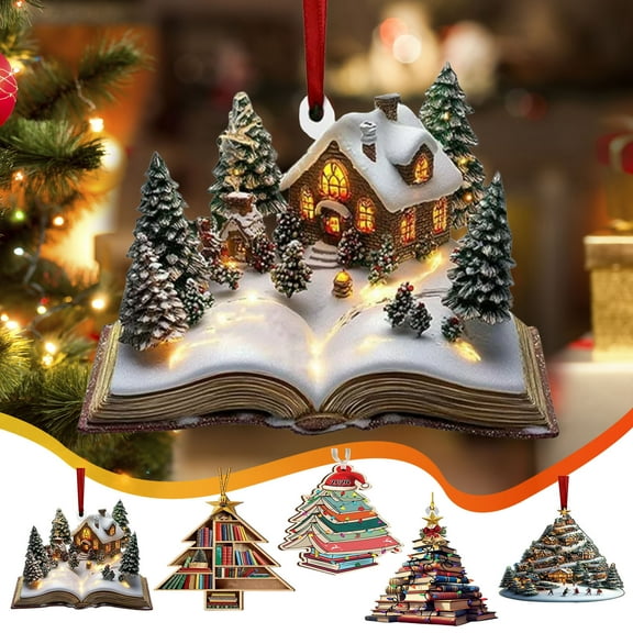 PRETXORVE Christmas Decorations, 2D Flat Acrylic Christmas Book Decoration Tree-Shaped Bookshelf Pendant Christmas Tree Decoration Novel Hanging Decoration Book Stacking Decoration