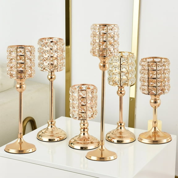 PRETXORVE Crystal Metal Candle Crystal Beads Bling Tea Light Candlestick Tall Votive Candelabra Elegant Centerpiece Table Wedding Decoration Home