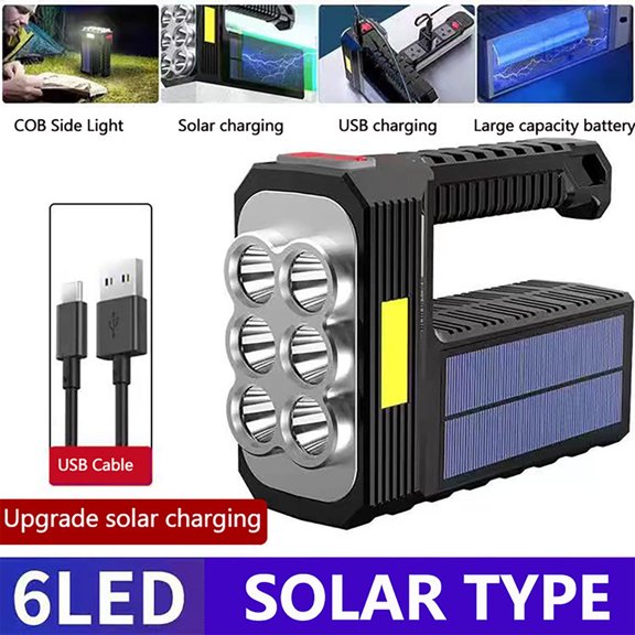 PRETXORVE Flashlight, Flashlights very Bright, Rechargeable 6 Led Handheld Solar Flashlight with Cob Sidelight Highs 3 Modes Searchlight Portable for Fishing Outdoor