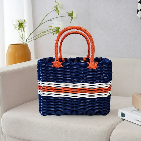 PRETXORVE Handwoven Plastic Storage Basket, Multifunctional Portable Storage Box with Handle, Home Bathroom Shopping