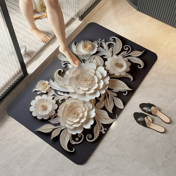 PRETXORVE Home Decor, Room Decor, Diatomaceous Earth Floral Bathroom Non- Mat Fast Drying Soft Foot Mat Washable Foot Mat