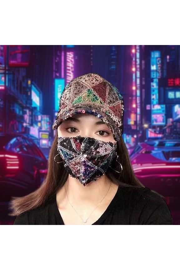 Home Decor, Room Decor, Sequin Baseball Cap and Shiny Sequin Face Mask Set Adjustable Mesh Cap Breathable Baseball Cap Travel Baseball Cap and Cap