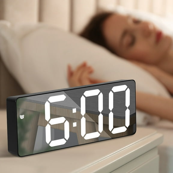 PRETXORVE LED Digital Inventive Alarm Clock Alarm Configuration Electronic Mirror Clock ,Time/date/temperature Rotation Display and Sound Control Wake-up Function