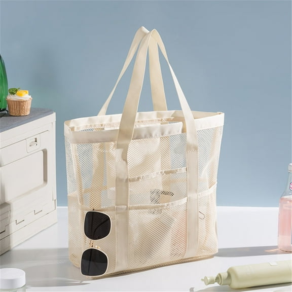 PRETXORVE Mesh Material Travel Storage Bag Large Capacity Visible Compartment Handbag Can Outdoor Beach Bag