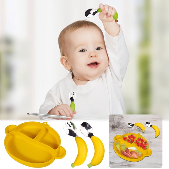 PRETXORVE Monkey Children's Dinner, Antiskid Suction Cup, Integrated Separated Food Grade Dinner, Tableware, Three Piece Set