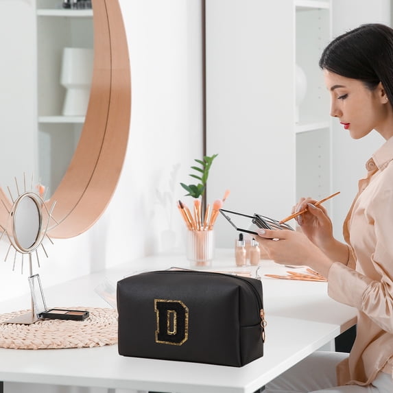PRETXORVE Small Personalized Initial Letter Makeup Bag for Women Cute Waterproof Cosmetic Bag Travel Makeup Bag Makeup Pouch Toiletry Pouch Organizer with Zipper