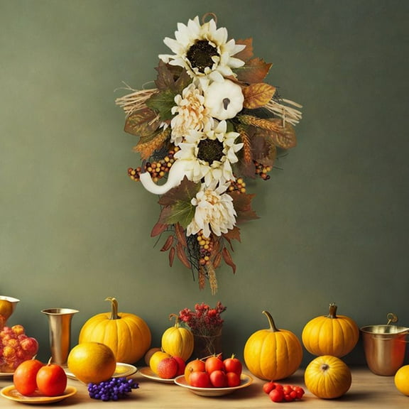 PRETXORVE Thanksgiving Decorations, Thanksgiving Decoration Pendants 35Cm/13.8 inches Upside Down Tear-Drop Shape Thanksgiving White Pumpkin Wreath Sunflower Maple Leaf Wreath Door Decorations