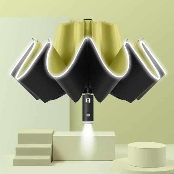 PRETXORVE Umbrella, Portable Windproof Compact Travel Umbrella LED Flashlight Handle Auto Umbrella with Reflective Tape Aluminum Alloy Umbrella