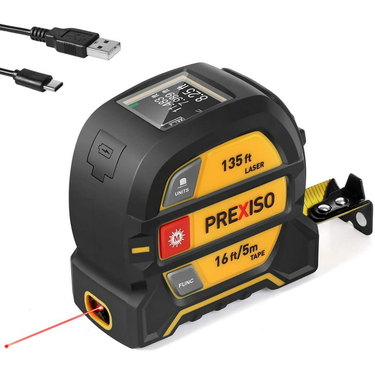 PREXISO 2-in-1 Laser Tape Measure, 135Ft Rechargeable Measurement Tool &  16Ft Measuring Movable Magnetic Hook - Pythagorean, Area, Volume