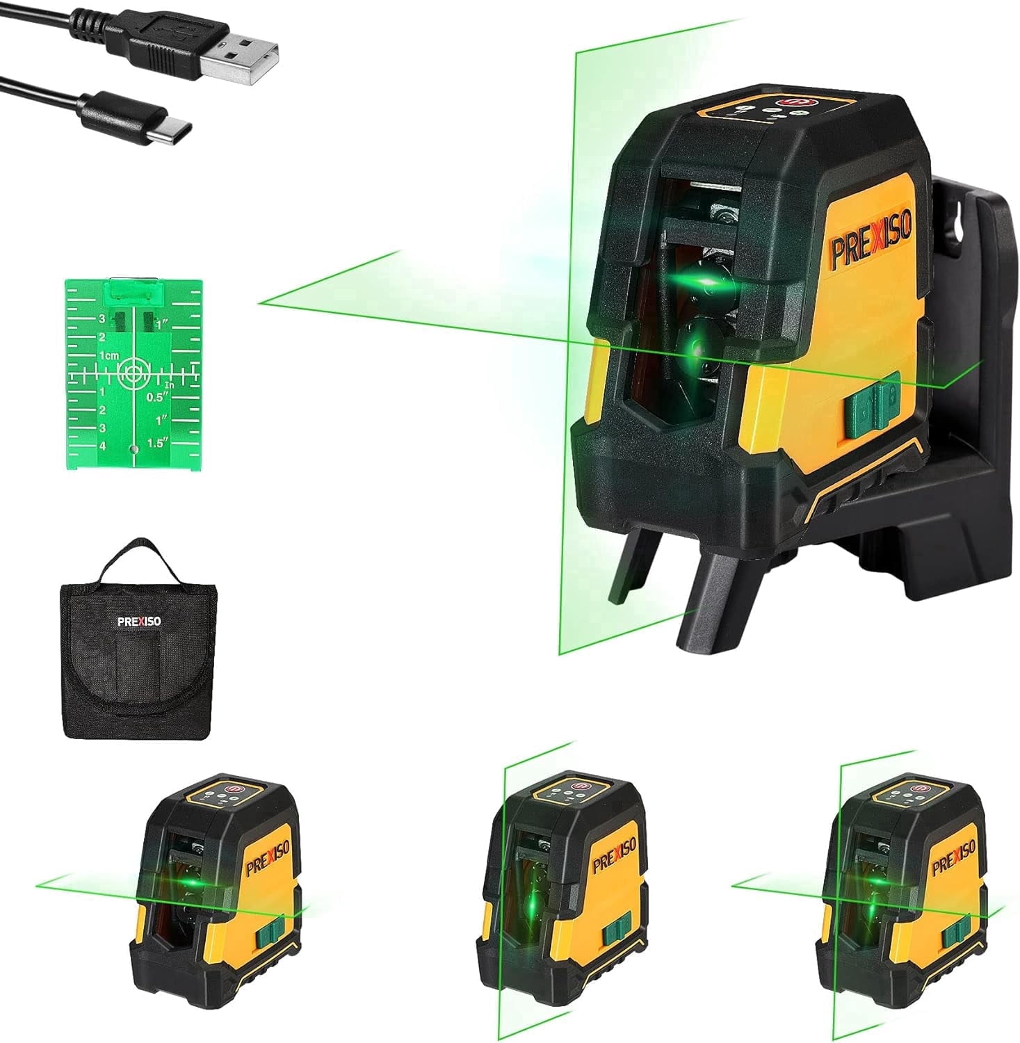 PREXISO Laser Level Self Leveling - 100Ft Rechargeable Cross Line Laser, Green Line leveler Tool for Construction, Floor Tile, Home Renovation with Magnetic Pivoting Base, Target Plate & Portable Bag
