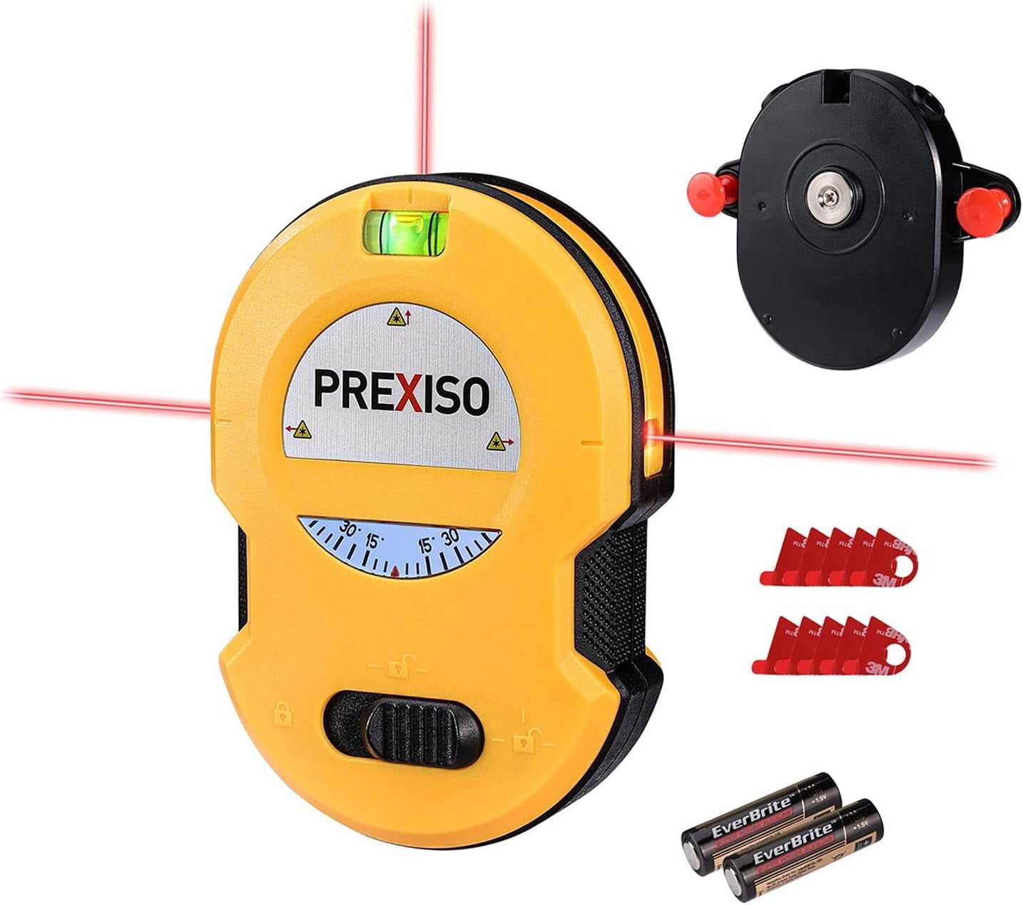 PREXISO Multi Surface Laser Level LED Light Vial, 30Ft Horizontal & Vertical Line Laser with Wall Mount Base, 2 Pins, 10 Sticker, 2 AA Batteries