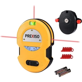 PREXISO Multi Surface Laser Level LED Light Vial, 30Ft Horizontal & Vertical Line Laser with Wall Mount Base, 2 Pins, 10 Sticker, 2 AA Batteries