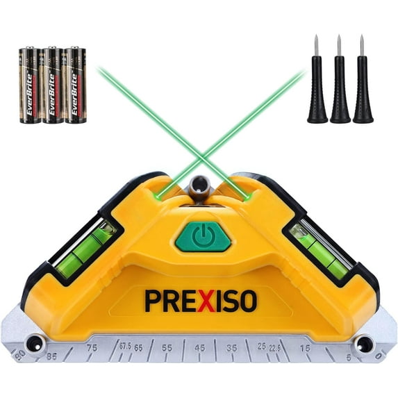 PREXISO Square Laser-65Ft Green Beam Floor Tile Laser Level, Tile Laser Line Projection, Angle 90 degree Aluminum Base Magnetic Level Square Built-In 2 Bubble Vials-With 3 Mounting Pins 3AA Batteries