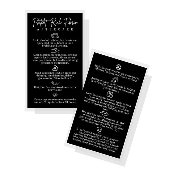 PRF Platelet Rich Fibrin Aftercare Instructions Card 50 Pack 2x3.5 inches Business Card PRF Supplies Black Card Design