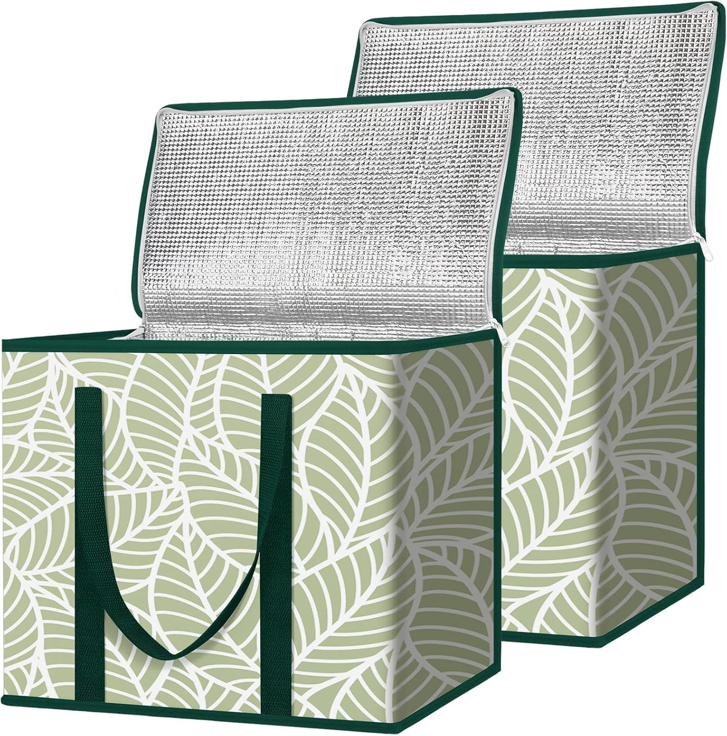 PRI 2Pk Insulated Reusable Grocery Bags, Collapsible Cooler Bag for Groceries, Heavy Duty Large Insulated Bag (16''x9''x13'', Antique Foliage)