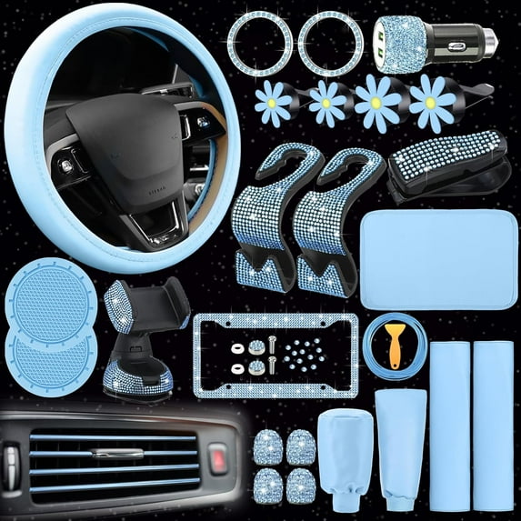 PRI 46 Pcs Bling Car Accessories Set for Women Leather Steering Wheel Cover Seat Belt Covers Diamond Rings Sticker Rhinestone Cup Holders USB Adapter Flower Air Vent Clip (Light Blue)