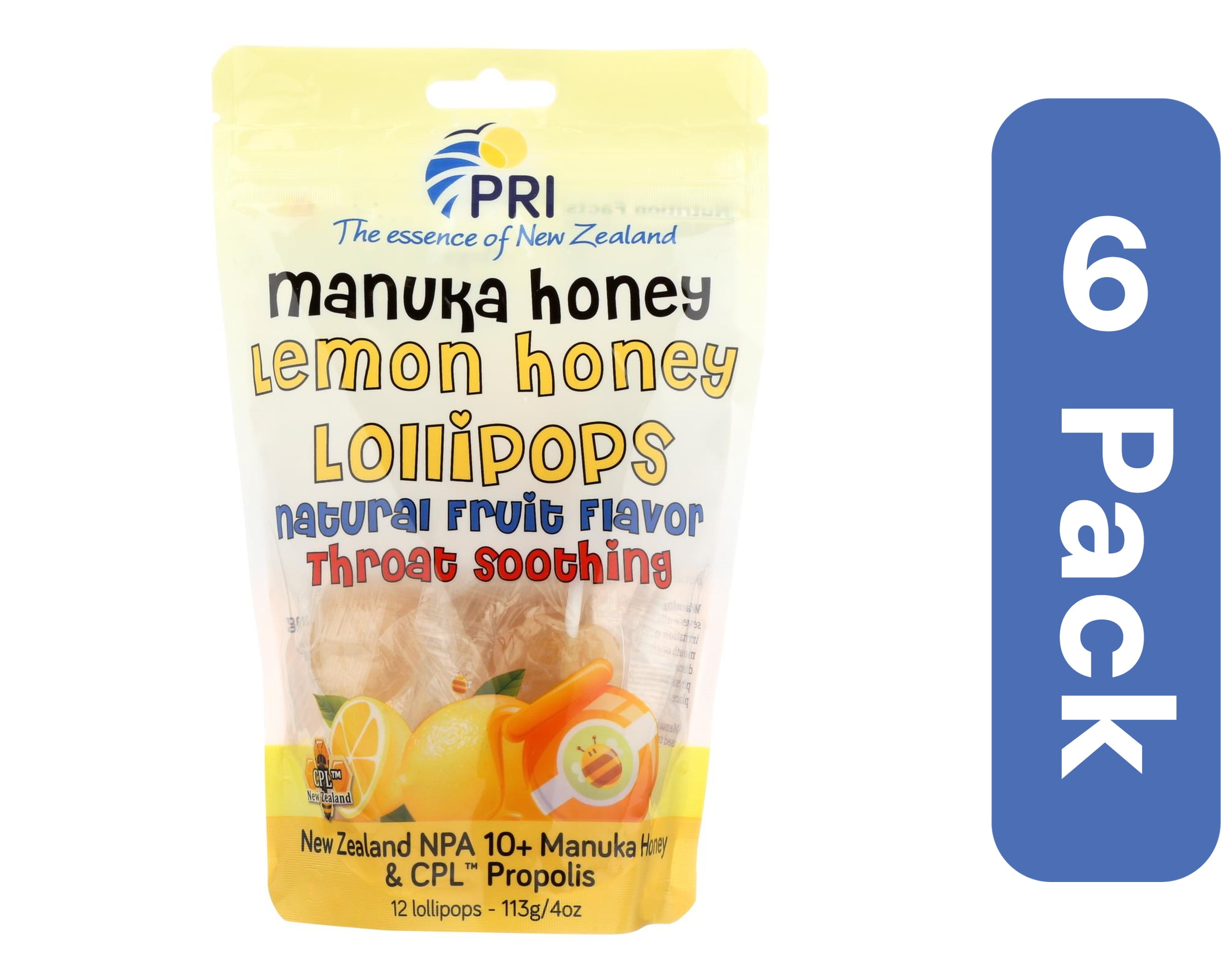 PRI Lemon & Honey Throat Lollipops 12 Count (Pack Of 6)