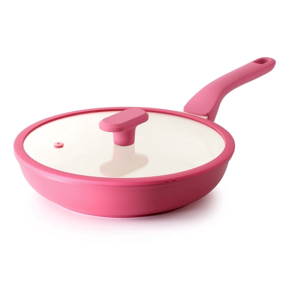 PRICUSIS 10 inch Nonstick Ceramic Frying Pan with Lid, Non Toxic Skillet, Induction Compatible & Oven Safe, Dishwasher Safe, Raspberry Red