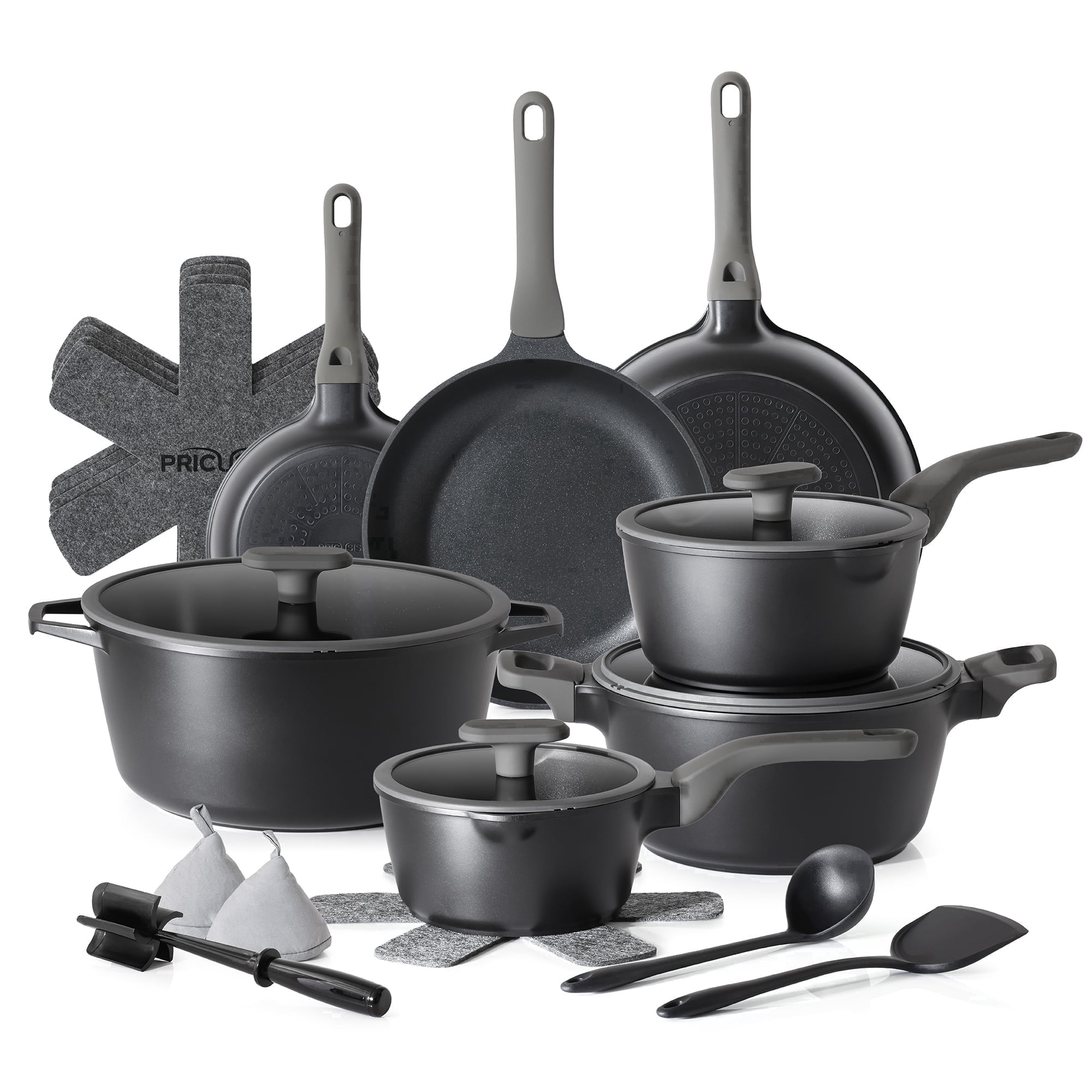 PRICUSIS 21-Piece Nonstick Pots and Pans Set, Induction Compatible, Stay-Cool Handle, Fully Coated, Dishwasher-Safe, Warp Resistant, Black Sesame